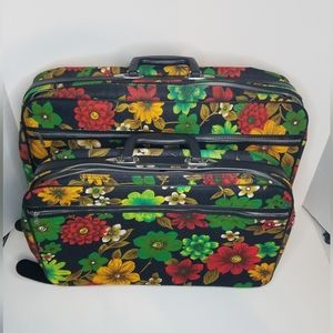 2 Pc. Bantam Black Red Green Floral Boho Mod Suitcase Luggage Set Vintage 60's